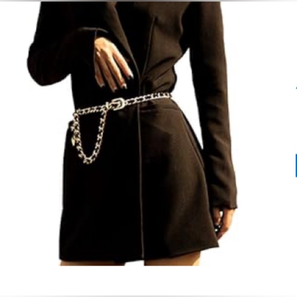Chain belt, free size, metal and faux leather woven.